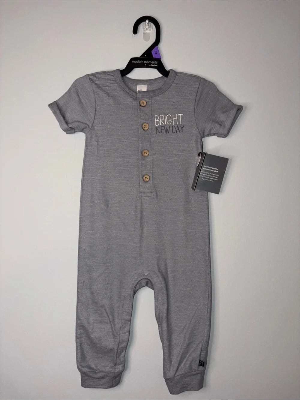NWT Modern Moments by Gerber Gray Short-Sleeve Romper with 'BRIGHT NEW DAY 12 m